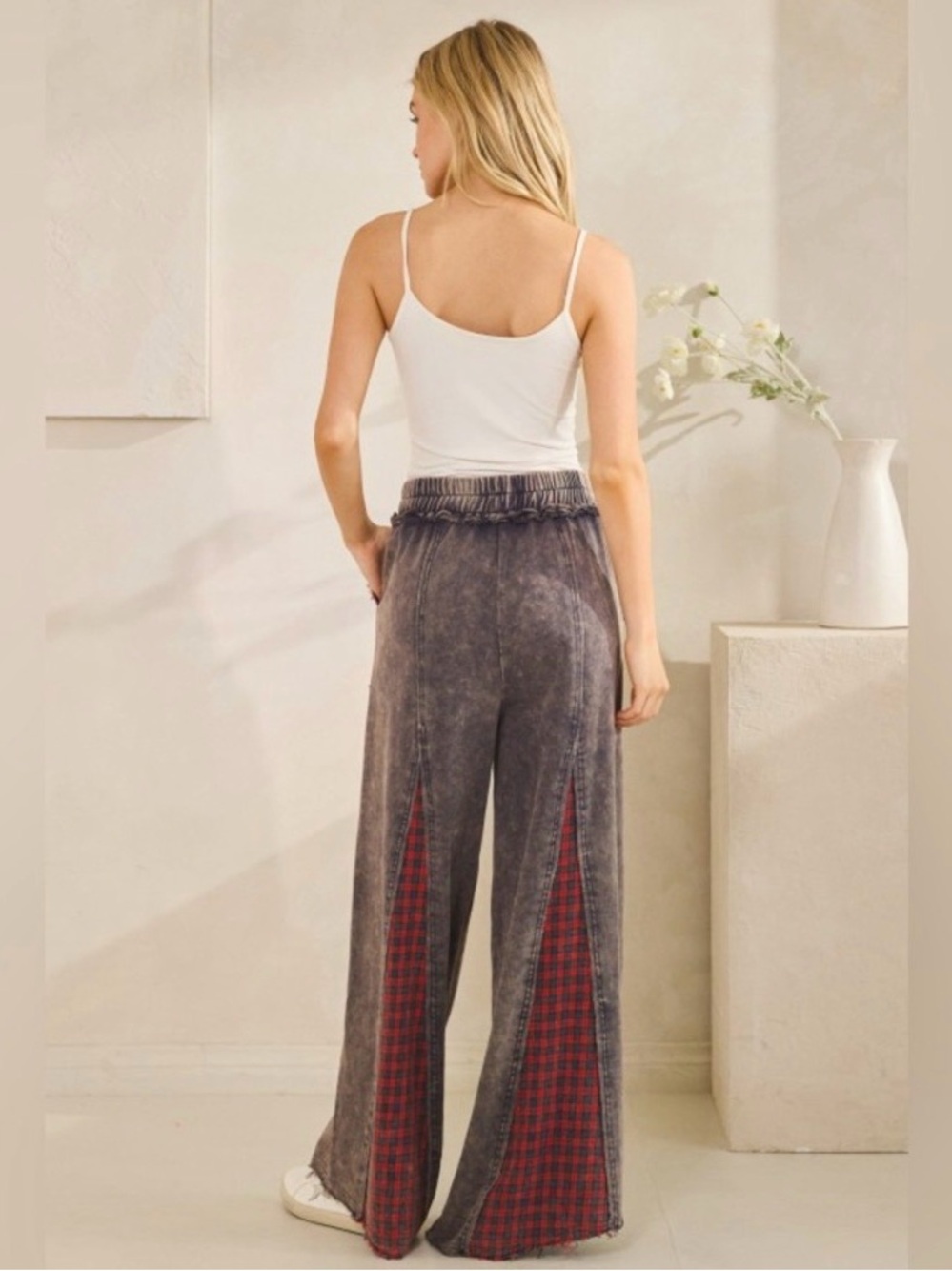 Wide Leg Patchwork Plaid Pocket Pants - Red/Gray